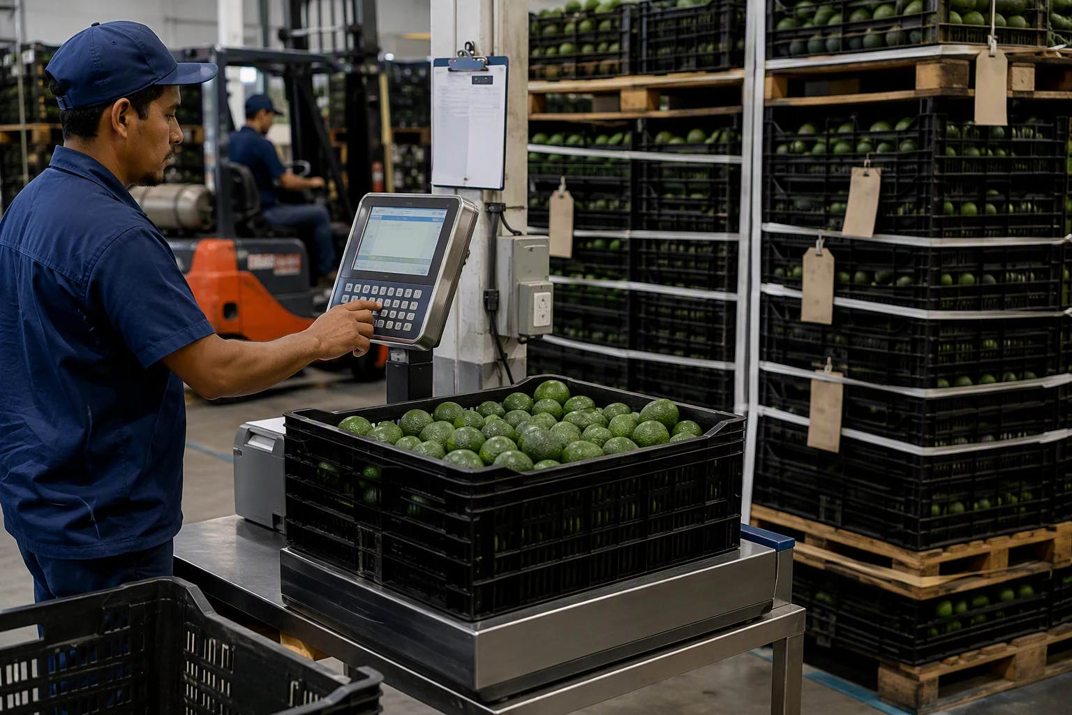 Línea de empaque con personal clasificando fruta